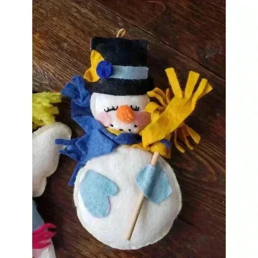 Four Vintage Felt Christmas Ornaments | Santa Stocking Angel Snowman | 60s Decor
